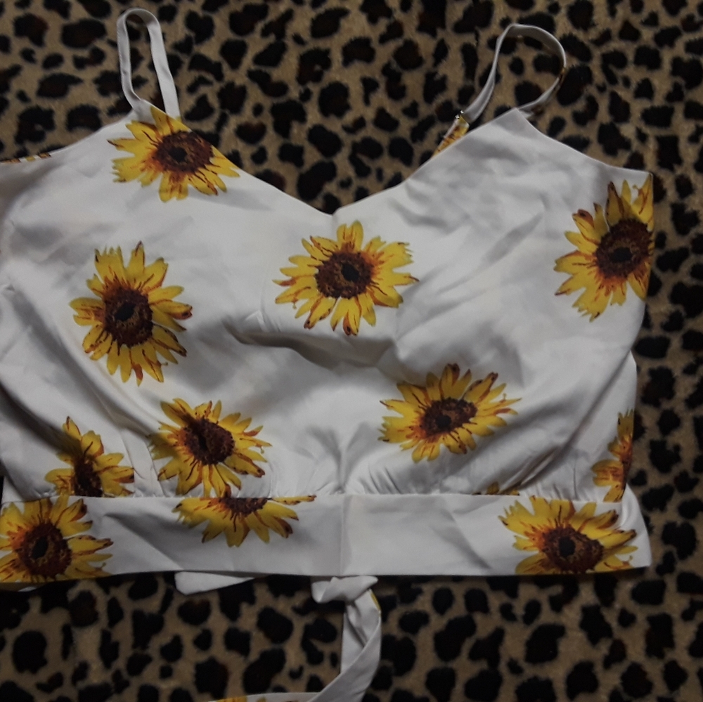 SHEIN- white halter button and tie back with gorgeous sunflower print.
